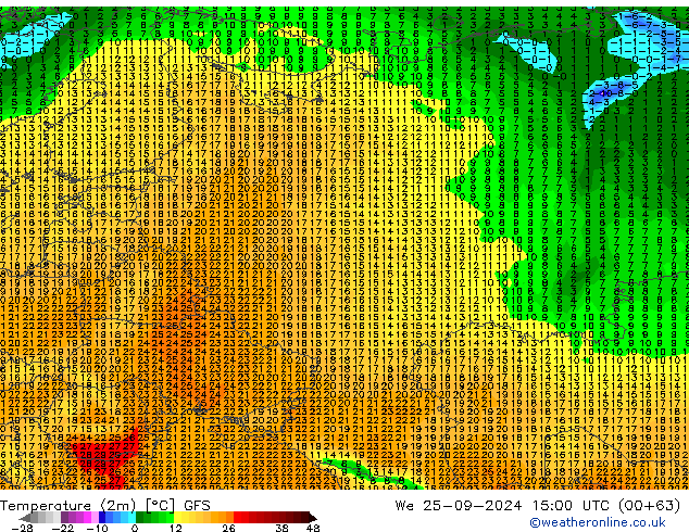 Temperatuurkaart (2m) GFS wo 25.09.2024 15 UTC