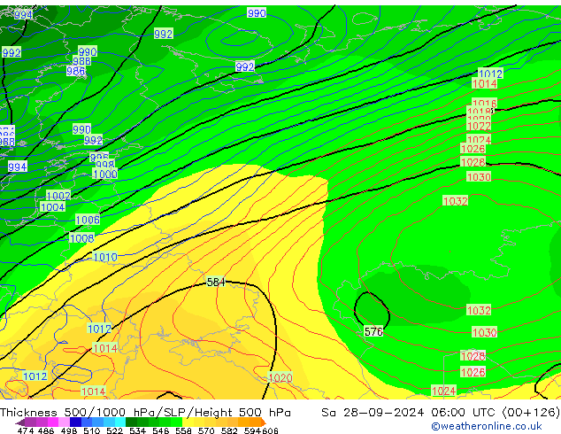 Espesor 500-1000 hPa GFS sáb 28.09.2024 06 UTC