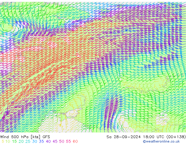 ветер 500 гПа GFS сб 28.09.2024 18 UTC
