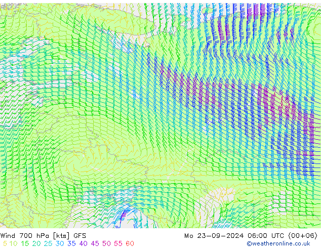 wiatr 700 hPa GFS pon. 23.09.2024 06 UTC