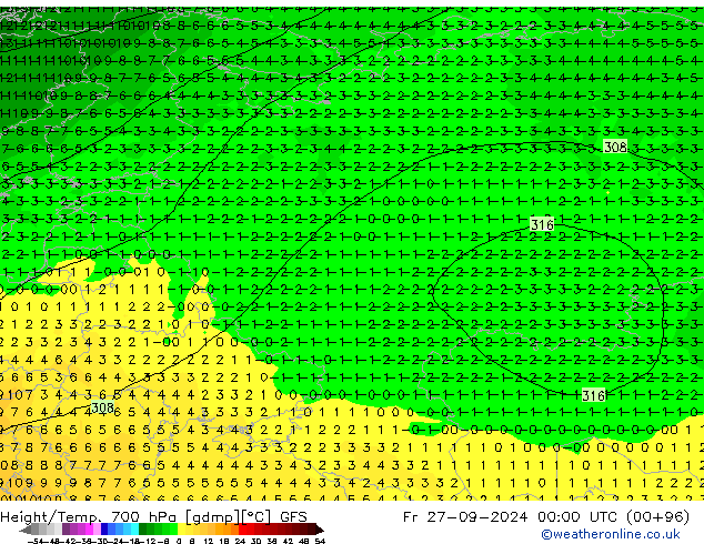 Height/Temp. 700 hPa GFS Fr 27.09.2024 00 UTC