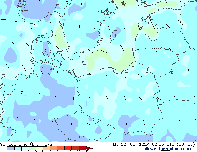 Wind 10 m (bft) GFS ma 23.09.2024 03 UTC