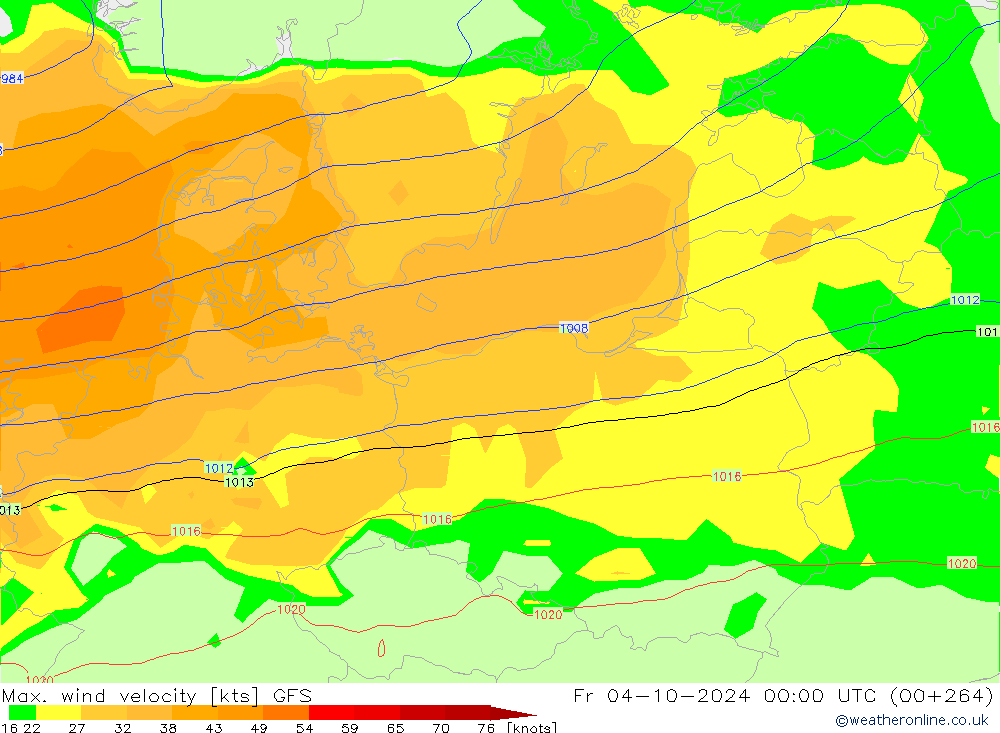 Max. wind snelheid GFS vr 04.10.2024 00 UTC