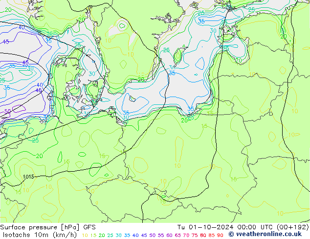 Isotachs (kph) GFS Ter 01.10.2024 00 UTC