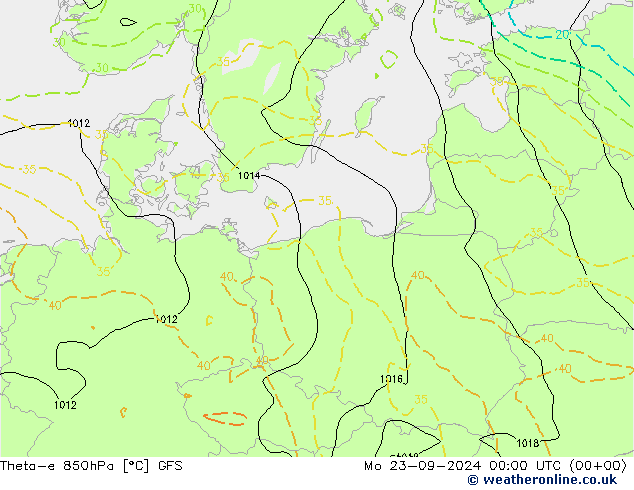 Theta-e 850hPa GFS Po 23.09.2024 00 UTC