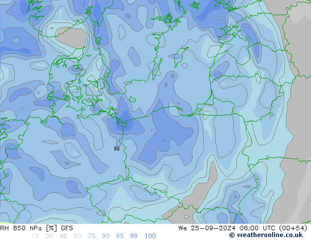 RH 850 гПа GFS ср 25.09.2024 06 UTC