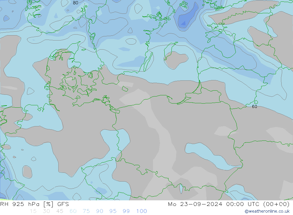 RH 925 hPa GFS lun 23.09.2024 00 UTC