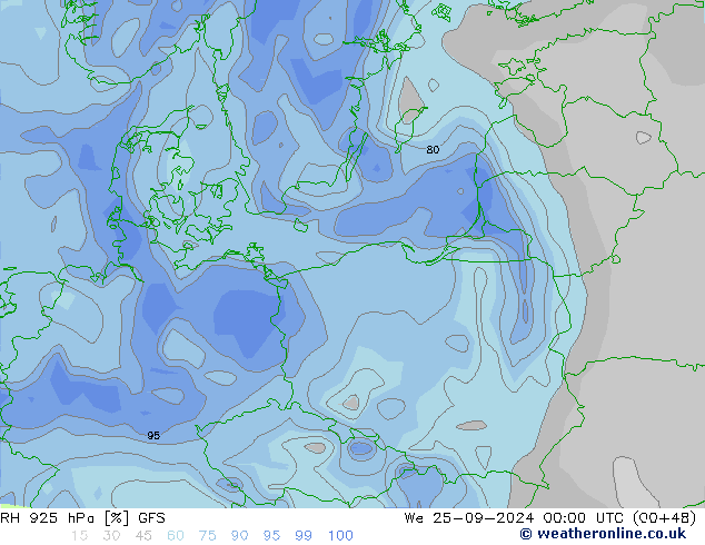 RH 925 hPa GFS Mi 25.09.2024 00 UTC