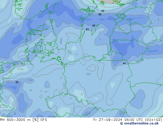 RH 600-3000 m GFS Pá 27.09.2024 06 UTC