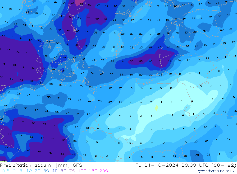 Totale neerslag GFS di 01.10.2024 00 UTC