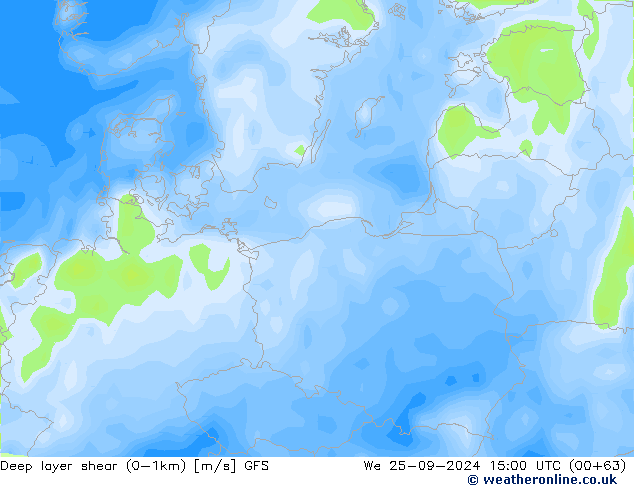 Deep layer shear (0-1km) GFS Mi 25.09.2024 15 UTC