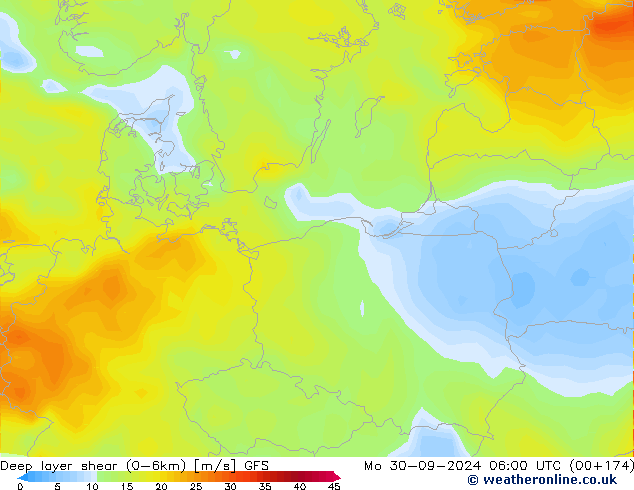 Deep layer shear (0-6km) GFS  30.09.2024 06 UTC