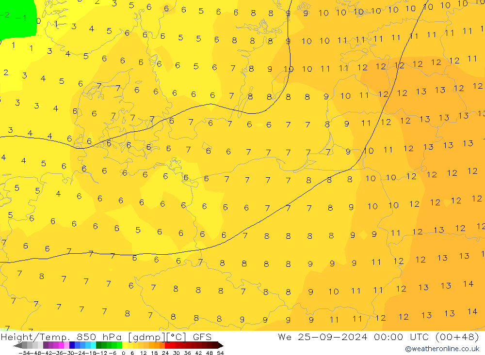 Height/Temp. 850 hPa GFS śro. 25.09.2024 00 UTC