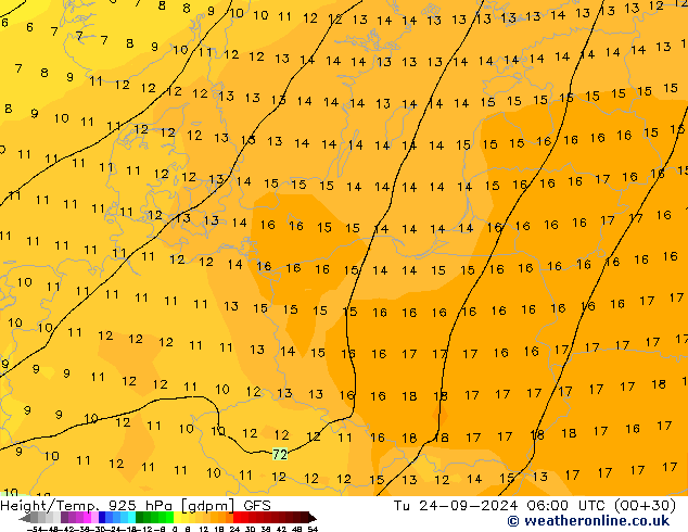 Height/Temp. 925 hPa GFS Tu 24.09.2024 06 UTC