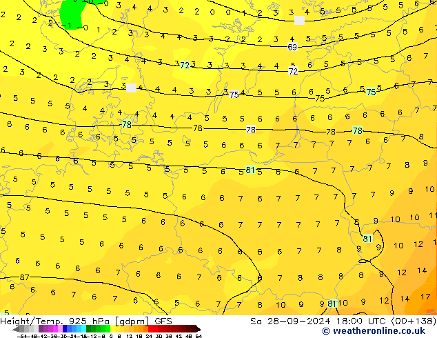 Yükseklik/Sıc. 925 hPa GFS Cts 28.09.2024 18 UTC