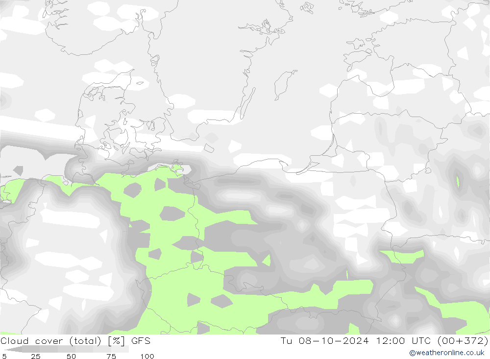 Cloud cover (total) GFS Tu 08.10.2024 12 UTC