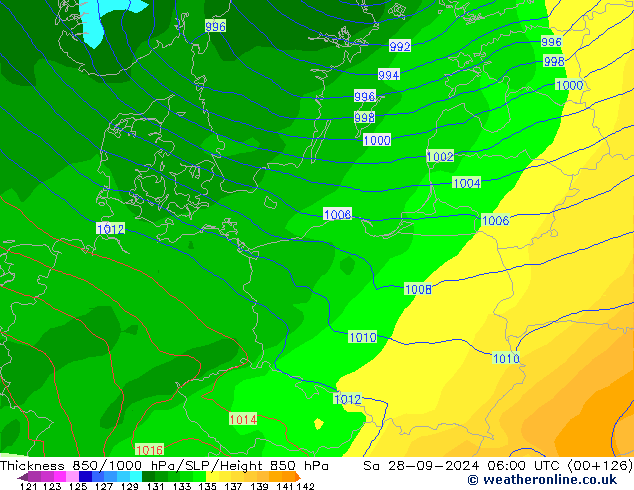 Thck 850-1000 гПа GFS сб 28.09.2024 06 UTC