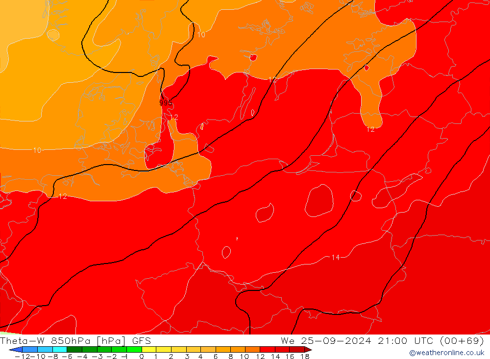 Theta-W 850hPa GFS mié 25.09.2024 21 UTC