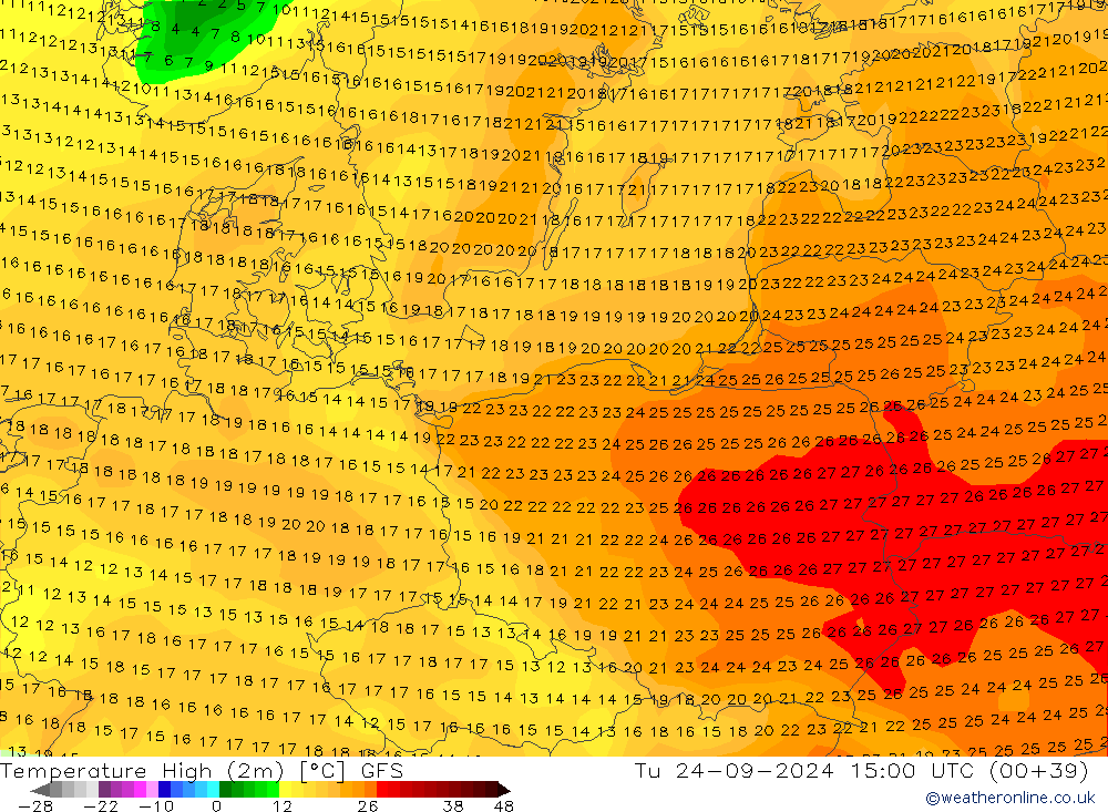 Max. Temperatura (2m) GFS wto. 24.09.2024 15 UTC