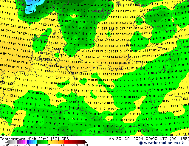 temperatura máx. (2m) GFS Seg 30.09.2024 00 UTC