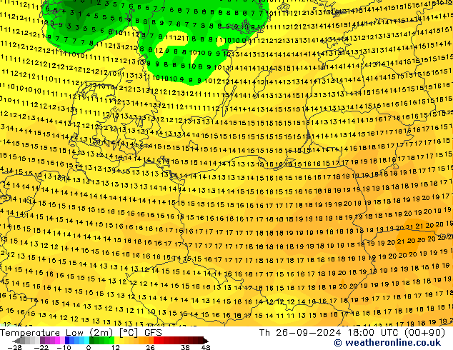 Min. Temperatura (2m) GFS czw. 26.09.2024 18 UTC