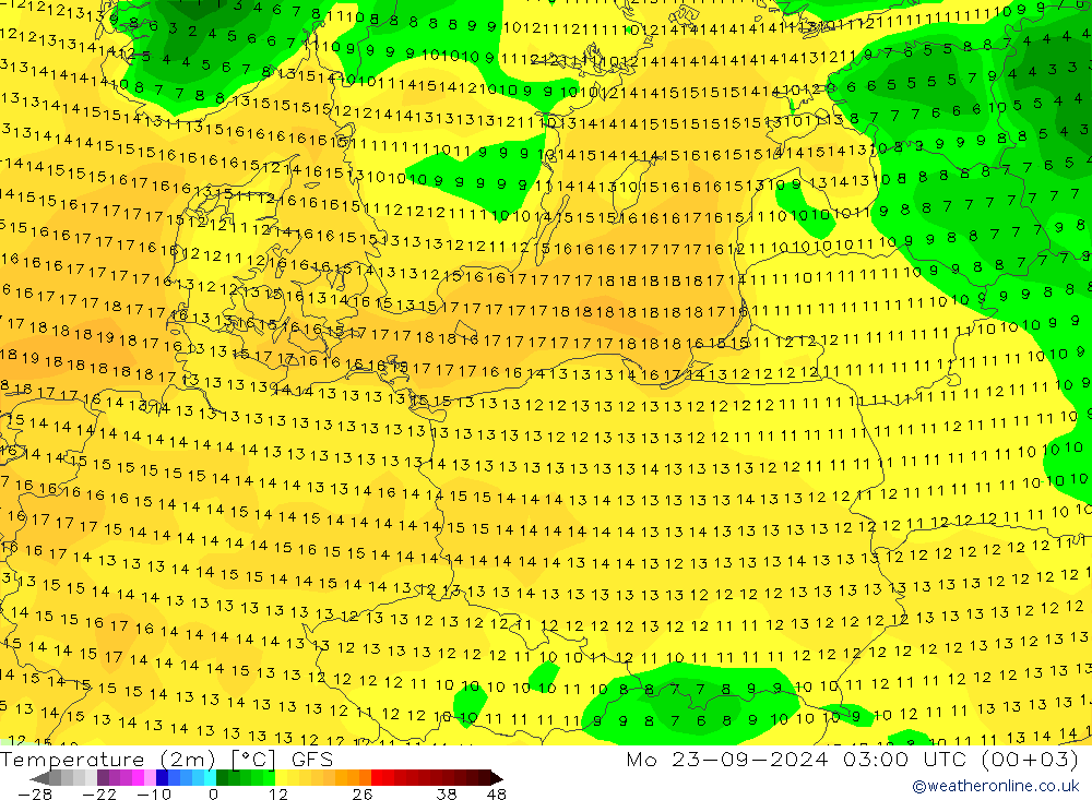 Temperature (2m) GFS Mo 23.09.2024 03 UTC