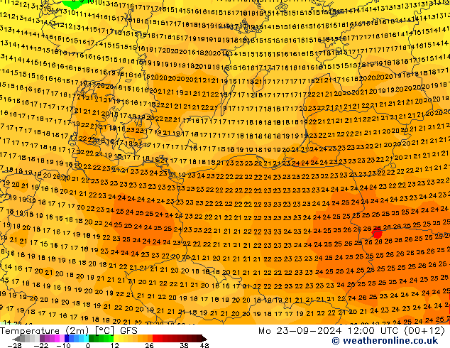 Temperatuurkaart (2m) GFS ma 23.09.2024 12 UTC