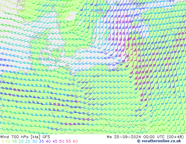 Wind 700 hPa GFS We 25.09.2024 00 UTC