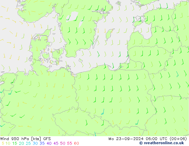 Prec 6h/Wind 10m/950 GFS Seg 23.09.2024 06 UTC