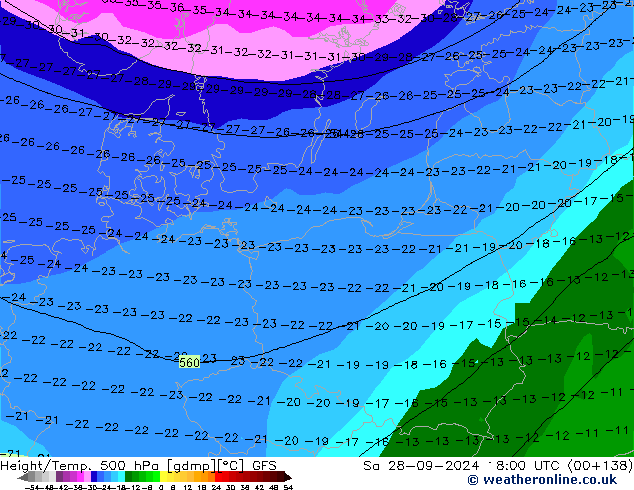 Z500/Rain (+SLP)/Z850 GFS sáb 28.09.2024 18 UTC