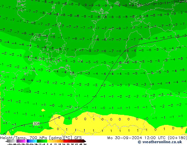 Height/Temp. 700 hPa GFS Mo 30.09.2024 12 UTC