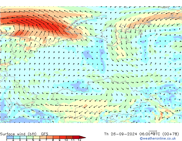 Vent 10 m (bft) GFS jeu 26.09.2024 06 UTC