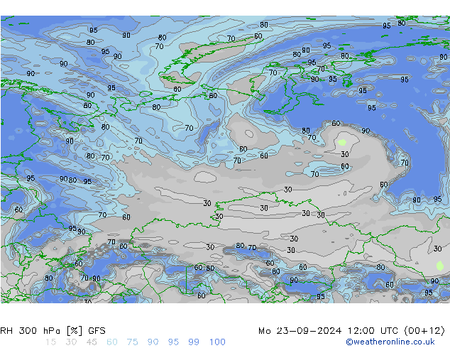 RH 300 гПа GFS пн 23.09.2024 12 UTC