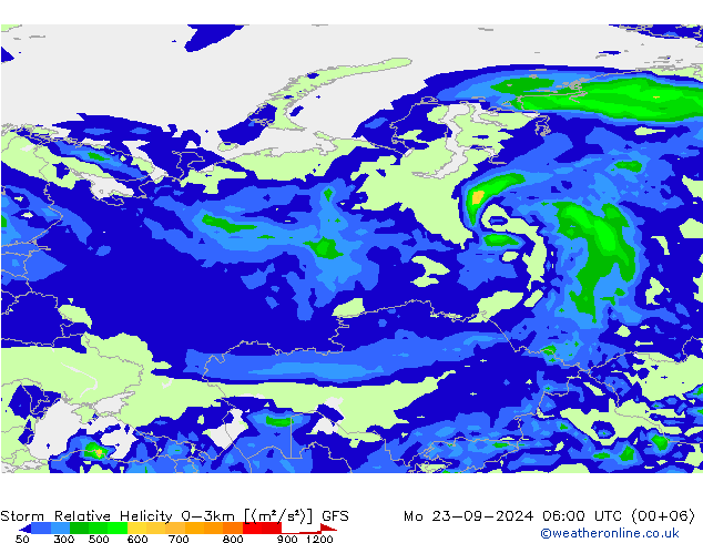 Storm Relative Helicity GFS pon. 23.09.2024 06 UTC