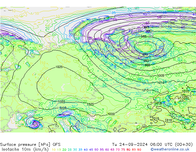 Isotachs (kph) GFS Tu 24.09.2024 06 UTC