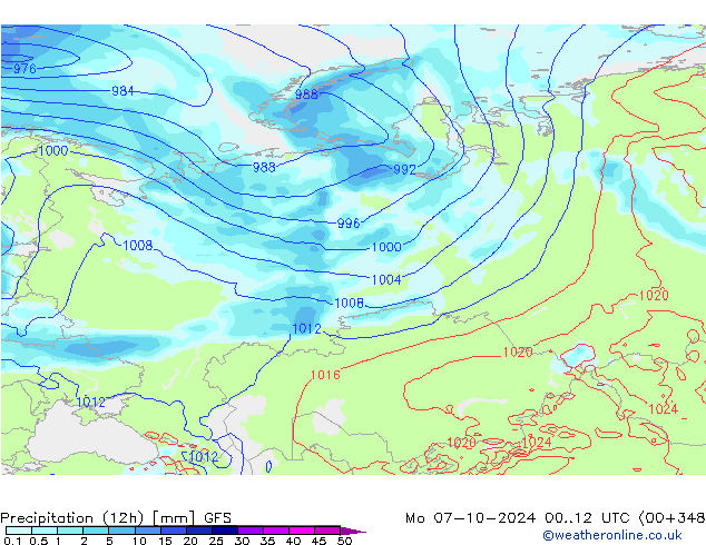 Nied. akkumuliert (12Std) GFS Mo 07.10.2024 12 UTC