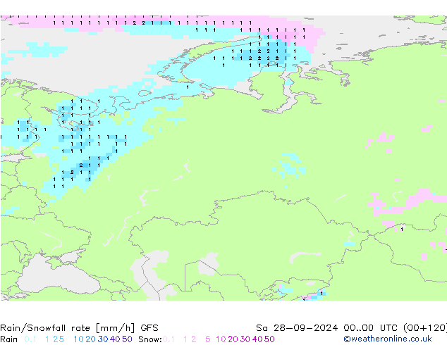 Rain/Snowfall rate GFS Sáb 28.09.2024 00 UTC