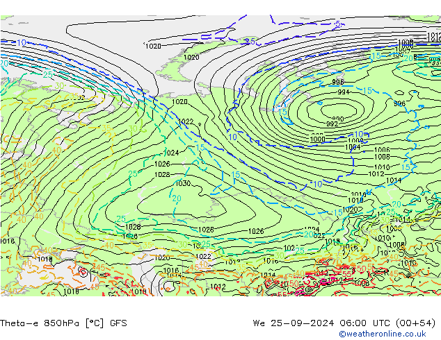 Theta-e 850hPa GFS Mi 25.09.2024 06 UTC