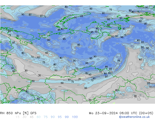 RH 850 hPa GFS pon. 23.09.2024 06 UTC