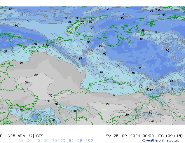 RH 925 hPa GFS Mi 25.09.2024 00 UTC