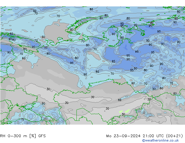 RH 0-300 m GFS Seg 23.09.2024 21 UTC