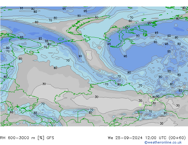 RH 600-3000 m GFS Qua 25.09.2024 12 UTC