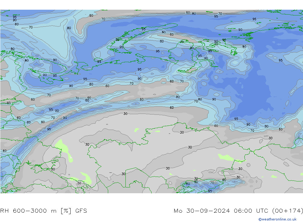 RH 600-3000 m GFS Mo 30.09.2024 06 UTC