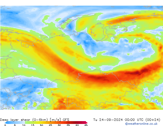 Deep layer shear (0-6km) GFS Sa 24.09.2024 00 UTC