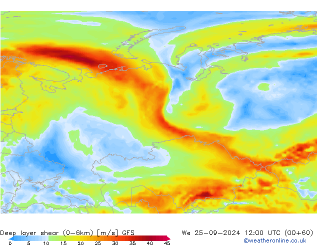 Deep layer shear (0-6km) GFS St 25.09.2024 12 UTC