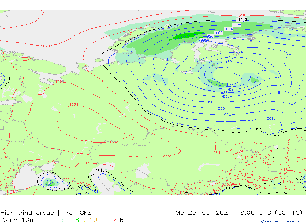 High wind areas GFS lun 23.09.2024 18 UTC