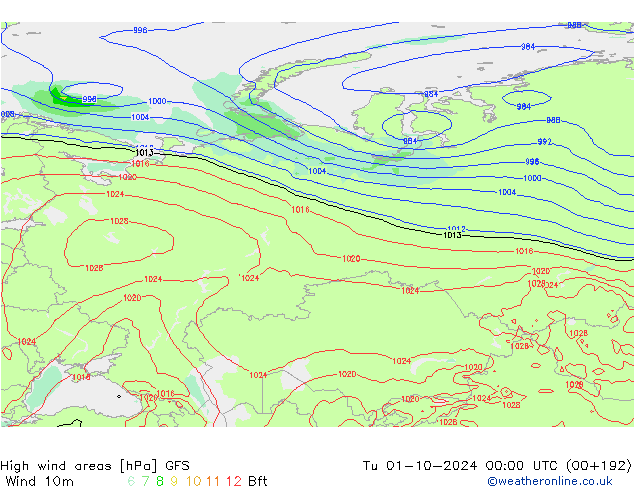 High wind areas GFS Út 01.10.2024 00 UTC