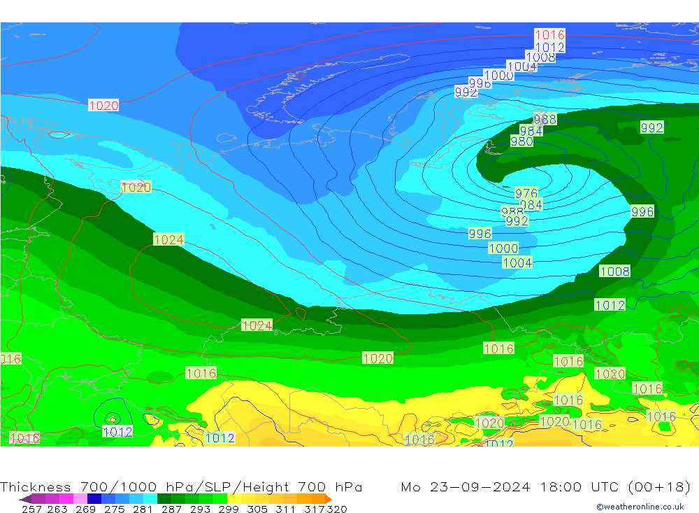 Thck 700-1000 гПа GFS пн 23.09.2024 18 UTC