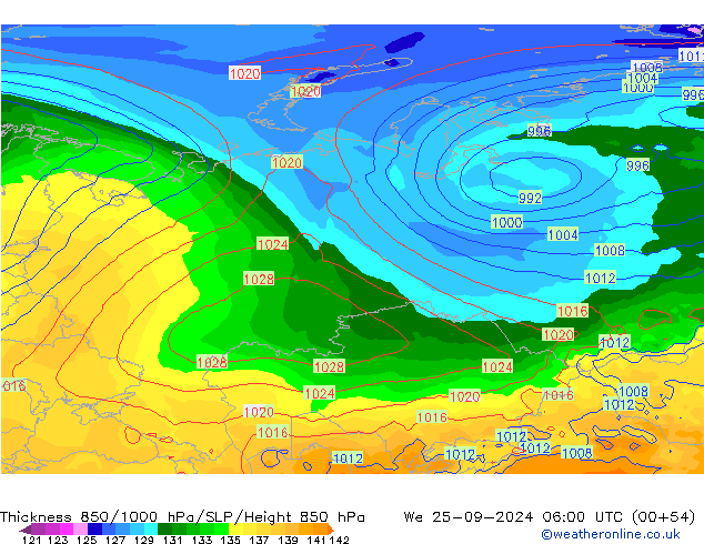 Schichtdicke 850-1000 hPa GFS Mi 25.09.2024 06 UTC