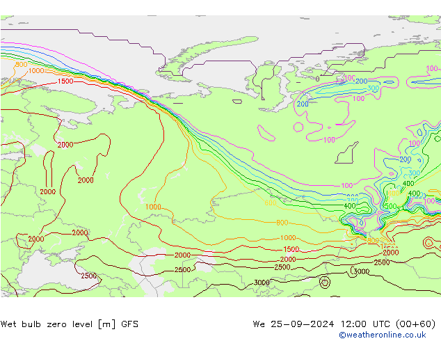 Theta-W Isoterma 0° GFS Qua 25.09.2024 12 UTC